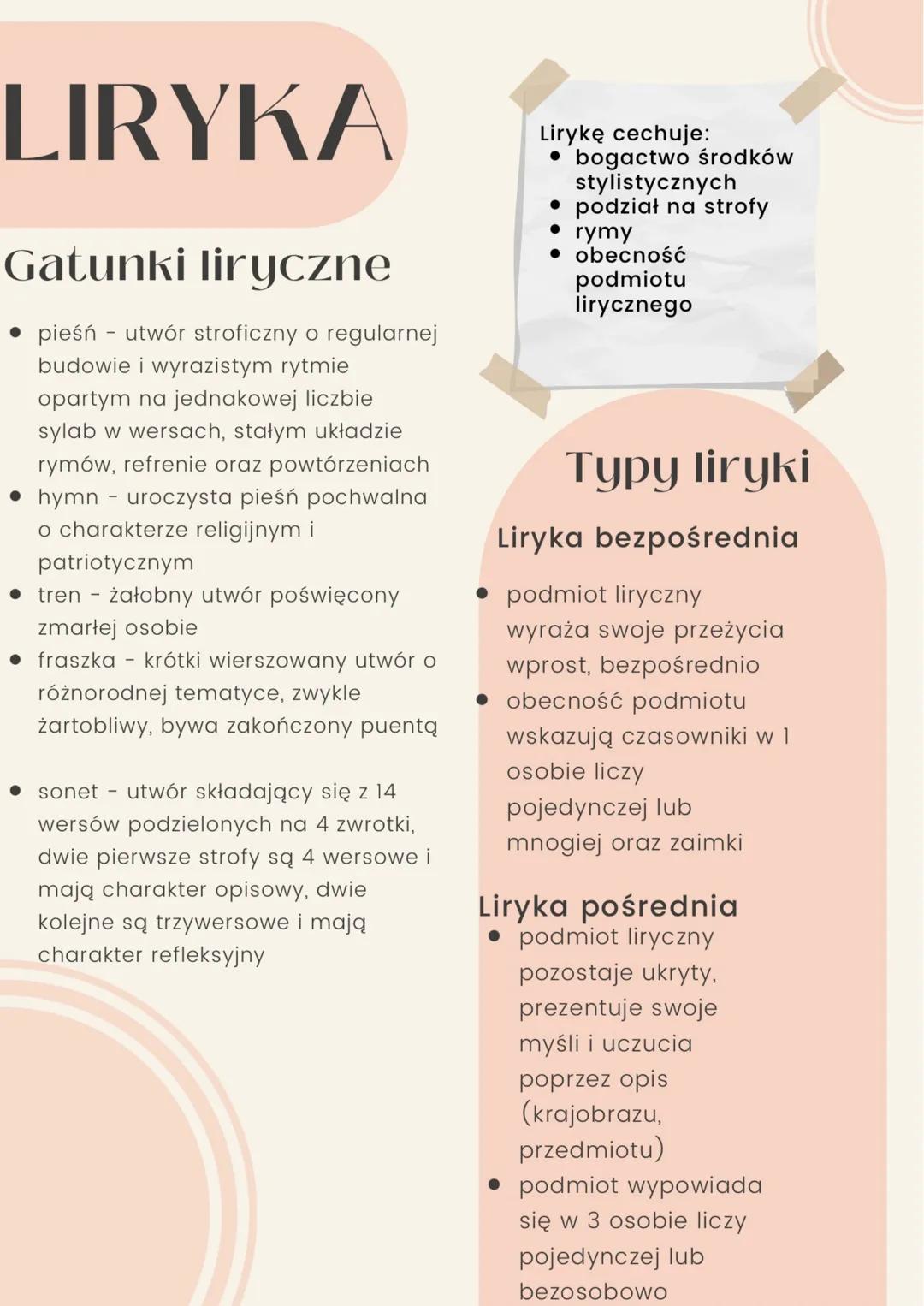 LIRYKA
Gatunki liryczne
• pieśń - utwór stroficzny o regularnej
budowie i wyrazistym rytmie
opartym na jednakowej liczbie
sylab w wersach, s