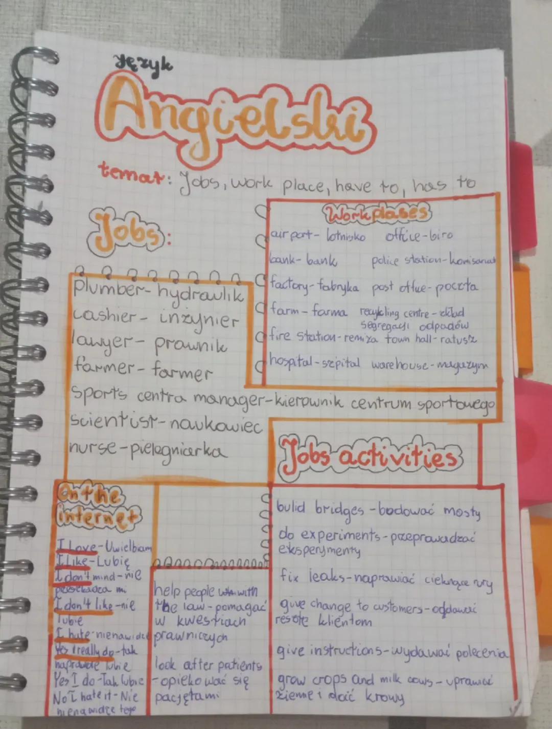 Język
Angretsko
temat: Jobs, work place, have to, has to
Jobs:
Workplaces
airport- lotnisko office-biro
bank-bank
police station-komisariat
