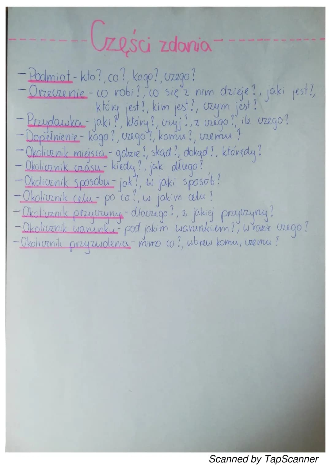 Części zdania - Ćwiczenia, Ściąga, Sprawdzian z Odpowiedziami