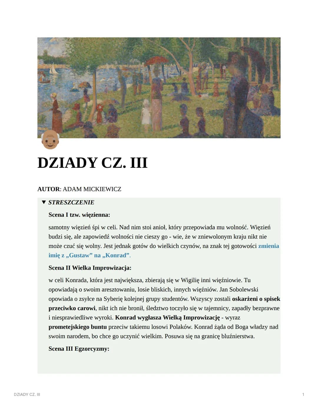 DZIADY CZ. III
AUTOR: ADAM MICKIEWICZ
DZIADY CZ. III
▼ STRESZCZENIE
Scena I tzw. więzienna:
samotny więzień śpi w celi. Nad nim stoi anioł, 