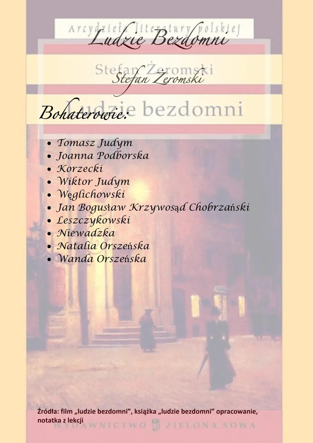 Arcydziellite tury
Stefan Zeromski
Bohaterowie bezdomni
• Tomasz Judym
Joanna Podborska
●
● Korzecki
• Wiktor Judym
Węglichowski
Jan Bogusła