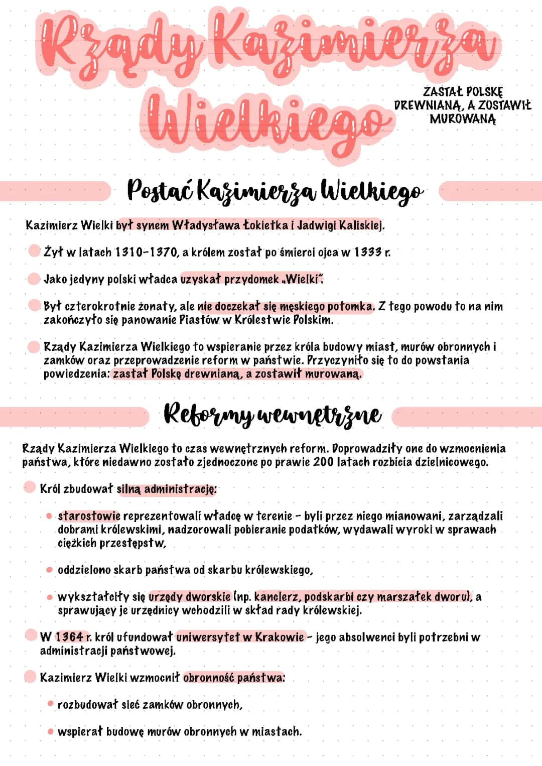 Reformy i Osiągnięcia Kazimierza Wielkiego w Punktach - Notatka dla Klasy 4 i 5