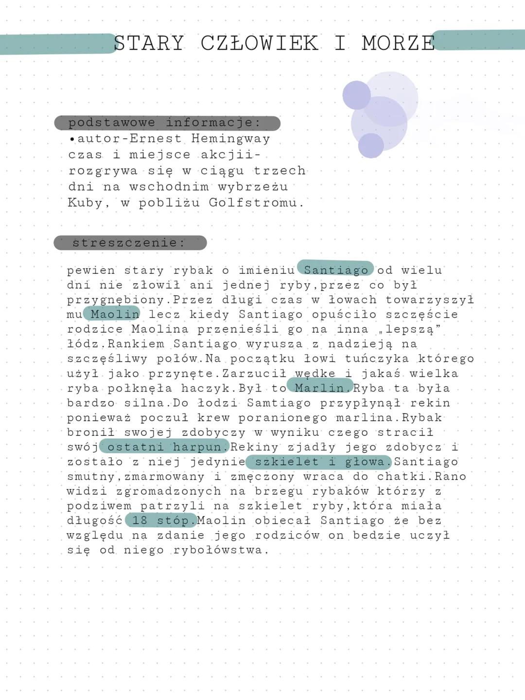 STARY CZŁOWIEK I MORZE
podstawowe informacje:
autor-Ernest Hemingway
czas i miejsce akcjii-
rozgrywa się w ciągu trzech
dni na wschodnim wyb