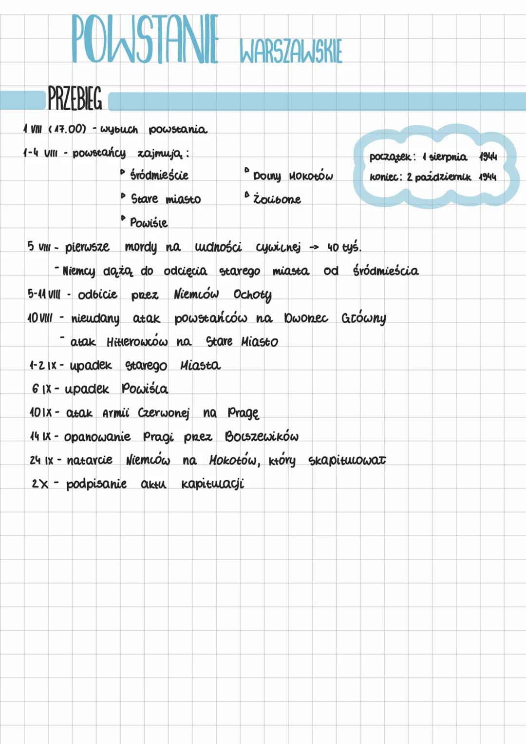 POWSTANIE WARSZAWSKIE
PRZEBIEG
A VIII (17.00) - wybuch powstania
1-4 VIII- powstańcy zajmują:
► Śródmieście
D
D
Doiny Mokotow
żoubone
począt