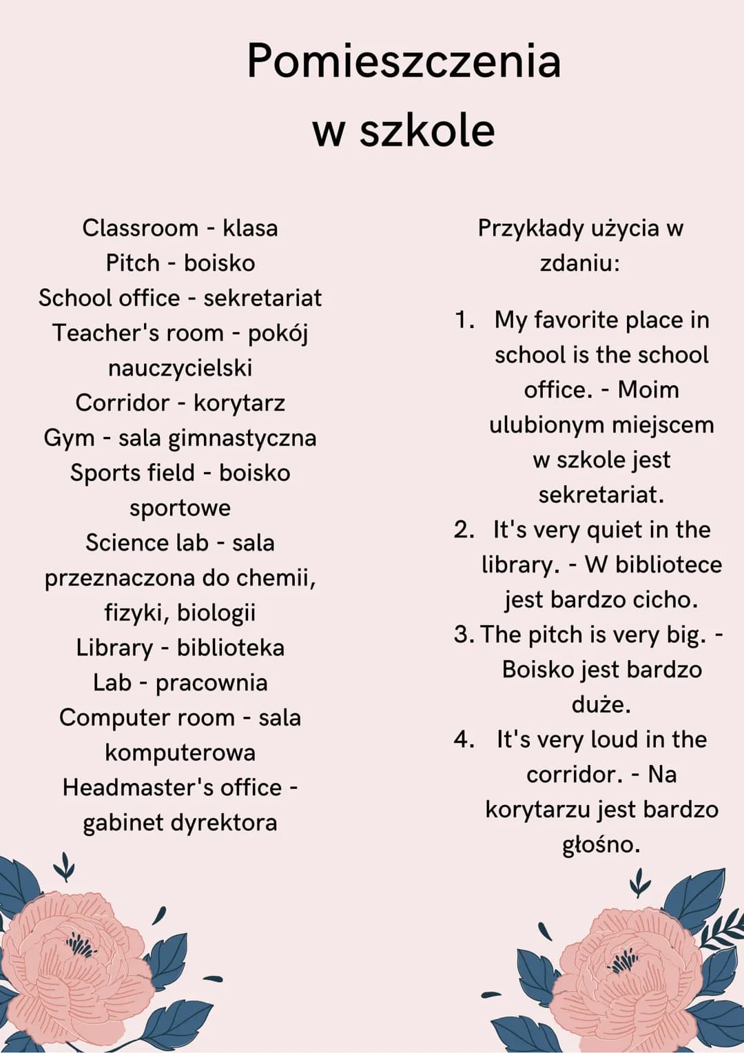 Pomieszczenia
w szkole
Classroom - klasa
Pitch - boisko
School office - sekretariat
Teacher's room - pokój
nauczycielski
Corridor - korytarz