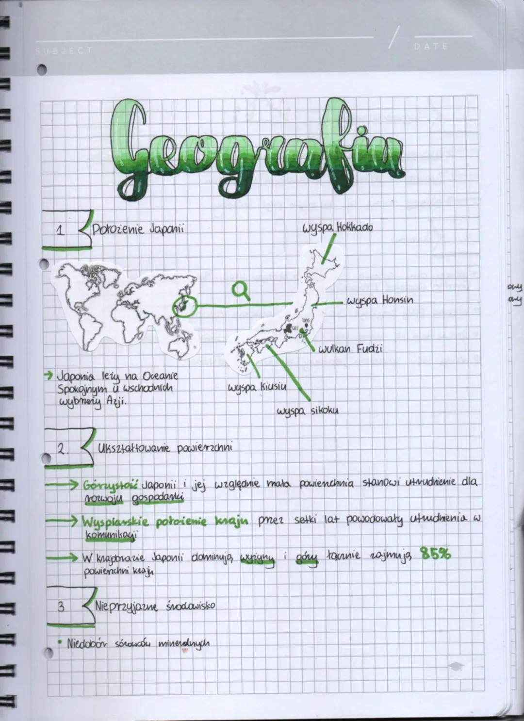 SUBJECT

Geografie

1 Położenie Japanii

Wyspa Hokkado

→Japonia leży na Oceanie
Spokojnym u wschodnich
wybnery Azji.

2 Ukształtowanie powi