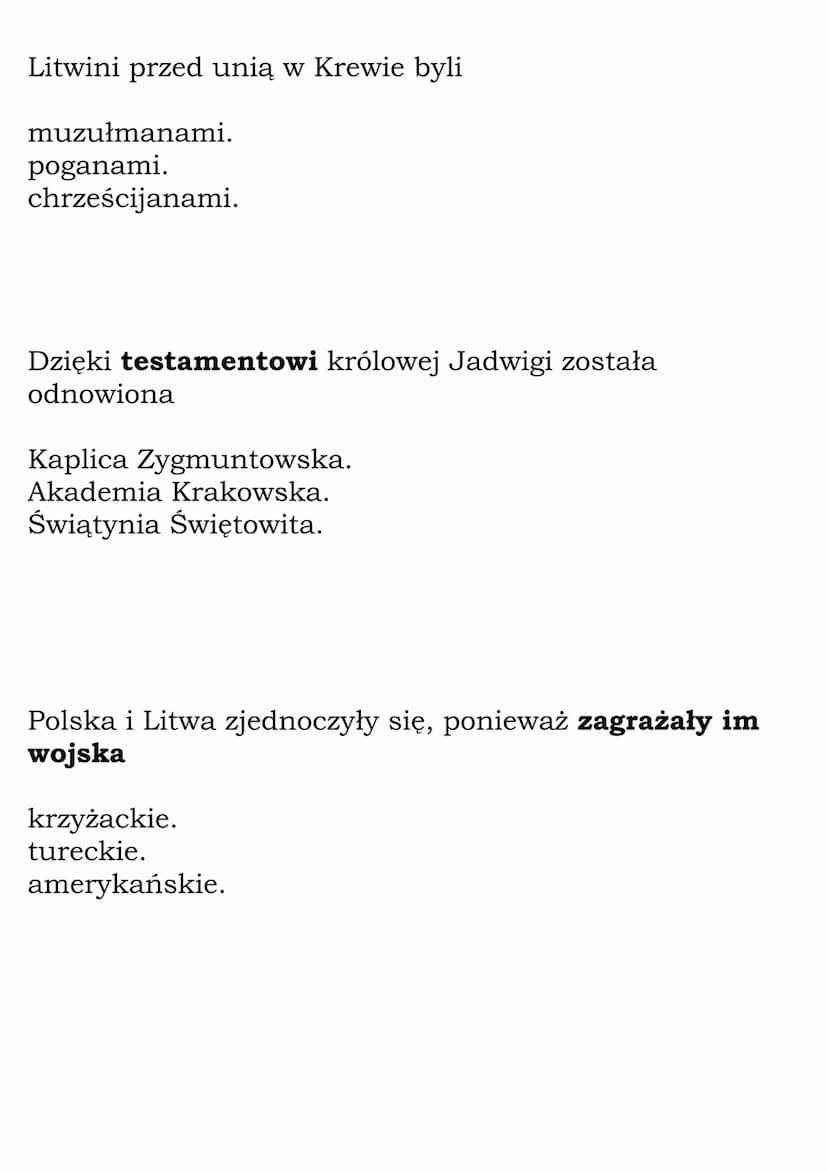 Jadwiga i Jagiełło
(Dział: Polska Jagiellonów)
Quiz
Pytania:
Królowa Jadwiga odziedziczyła tron po swoim ojcu
Bolesławie Chrobrym.
Ludwiku W