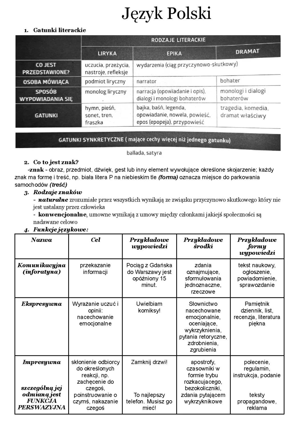 Język polski - gatunki literackie, funkcje językowe 