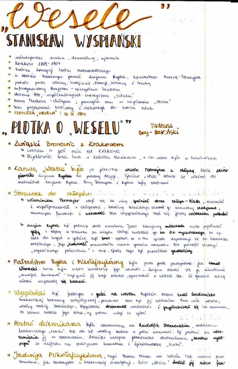„Wesele
STANISŁAW WYSPIANSKI
• miradopolski matas
Krakow 1868-1907
dramaturg, rysownik
O
twórce koncepcji teatri monumentalnego
w okresie su