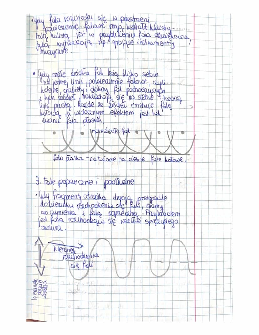 Temat: Rodzaje fal.
1. Mechanizm rozchoobenia się fal
-fola to rozchodzące się drgania jednego punkta
ośrodka. Twazy się gdy olfgania jedneg