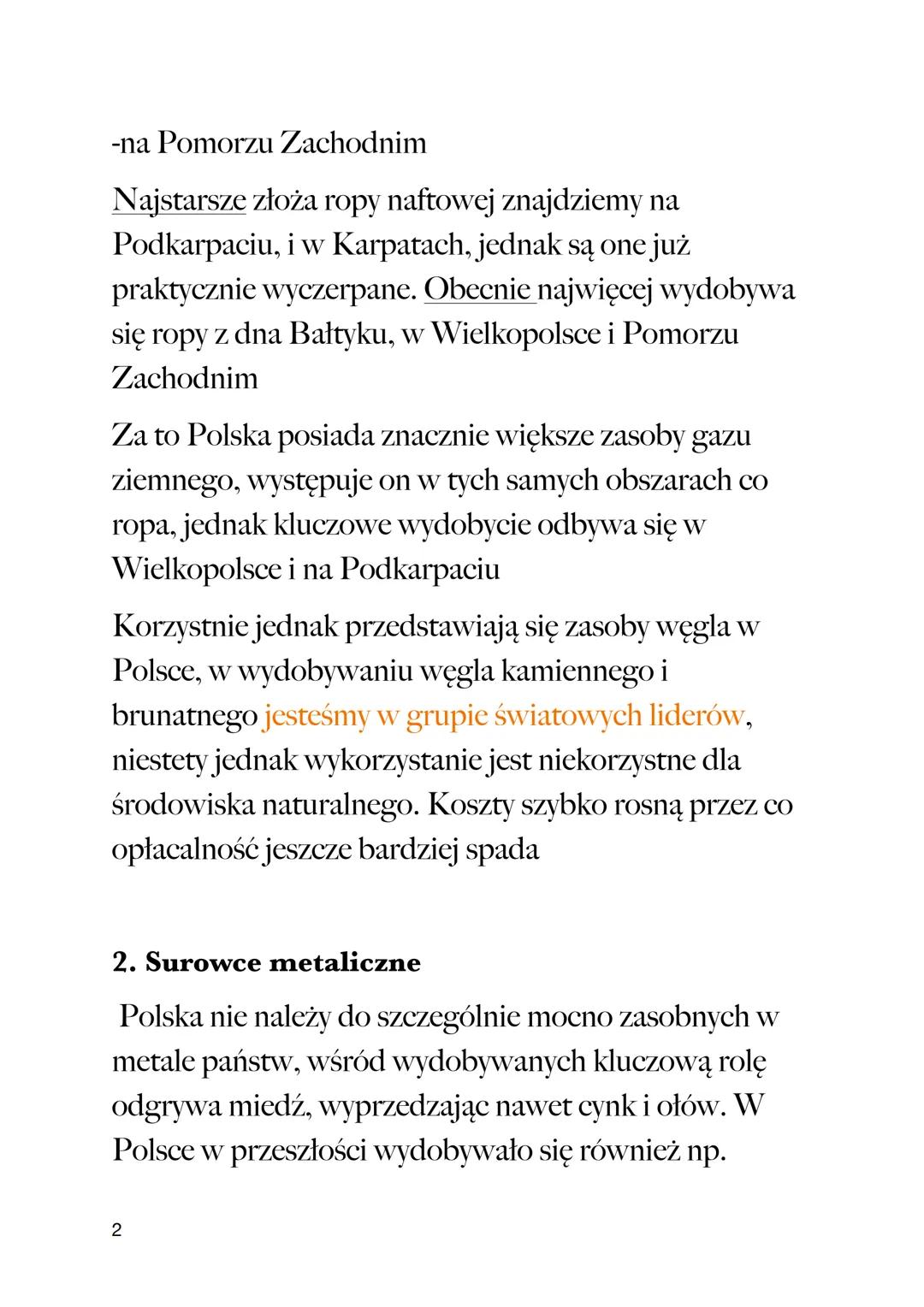 Notatka z lekcji
1. Surowce energetyczne
4 główne surowce energetyczne wydobywane w Polsce
Ropa naftowa
●
SUROWCE MINERALNE
1
• Gaz ziemny
●