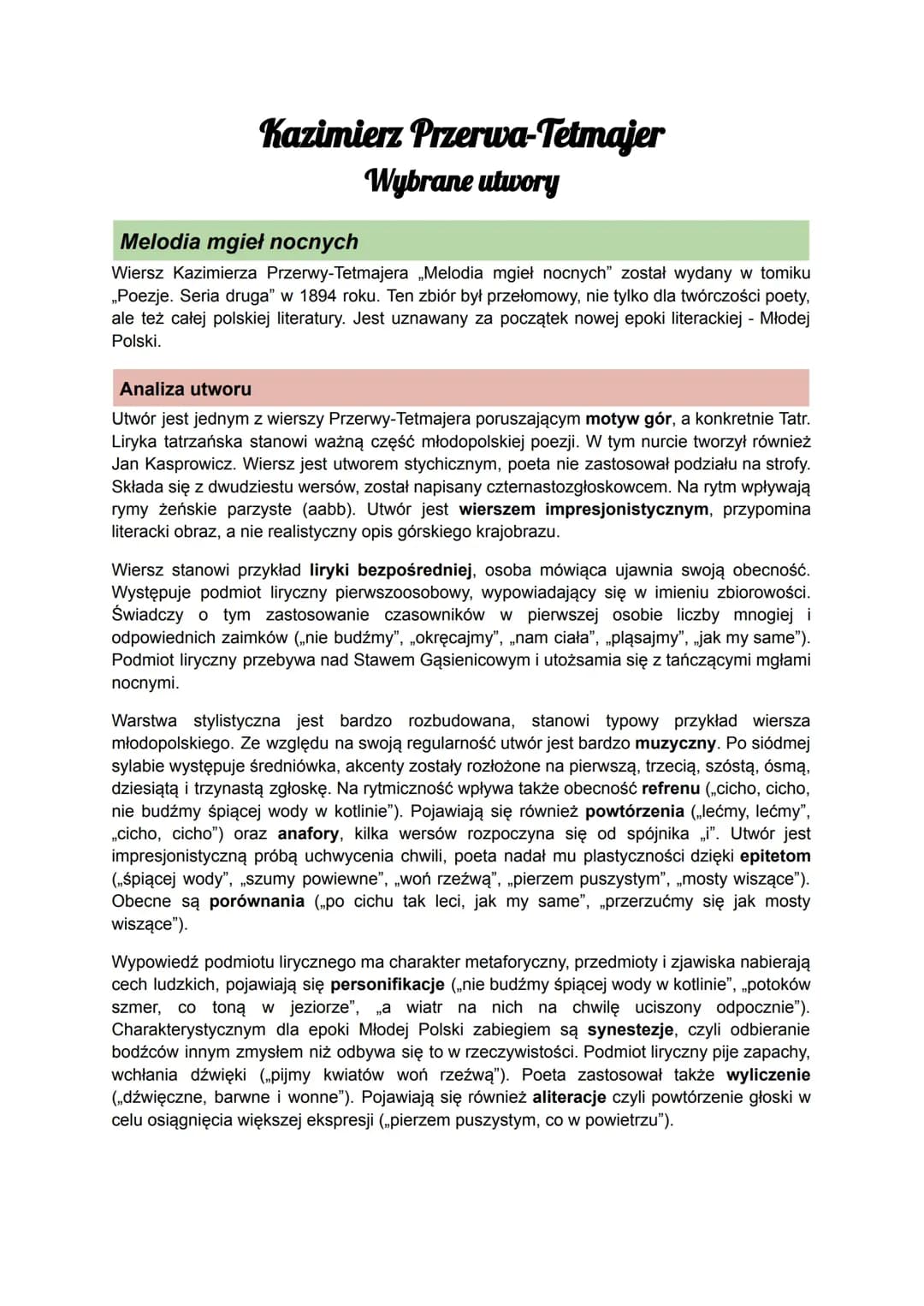 Analiza wiersza "Melodia mgieł nocnych" Kazimierza Przerwy-Tetmajera – motywy tatrzańskie i cechy liryki młodopolskiej