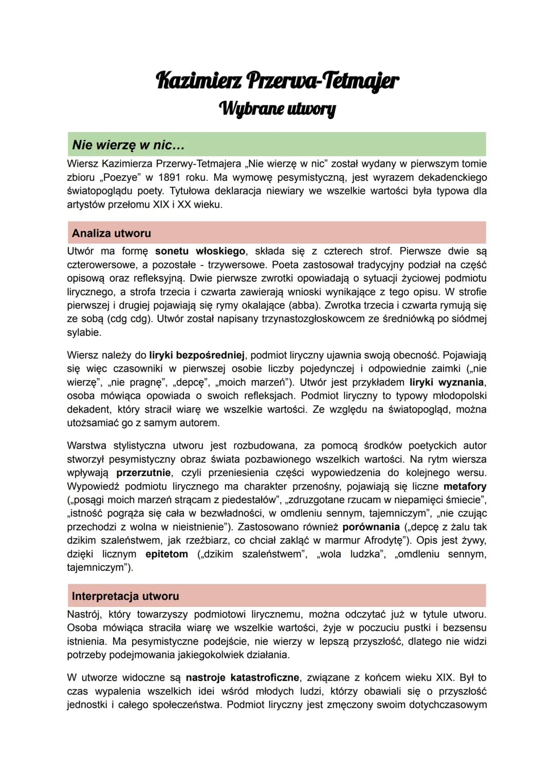 Kazimierz Przerwa-Tetmajer
Wybrane utwory
Melodia mgieł nocnych
Wiersz Kazimierza Przerwy-Tetmajera „Melodia mgieł nocnych” został wydany w 