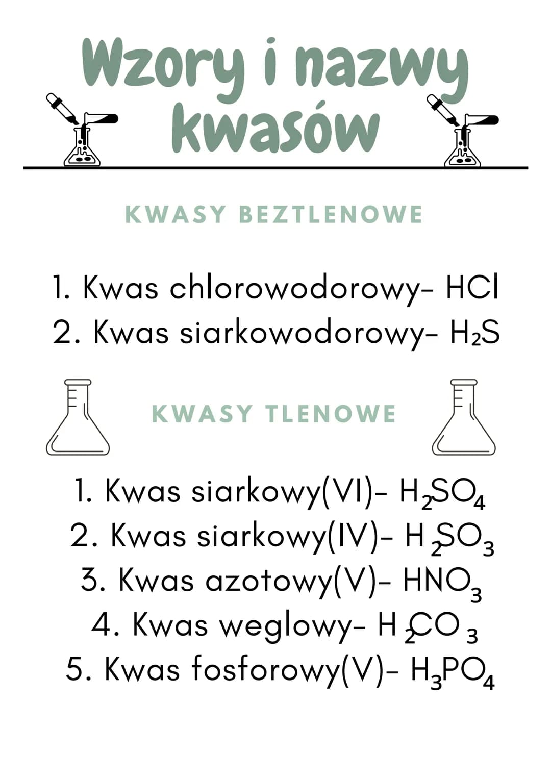 Wzory i nazwy
kwasów Y
KWASY BEZTLENOWE
1. Kwas chlorowodorowy- HCI
2. Kwas siarkowodorowy- H₂S
1
1
1. Kwas siarkowy(VI)- H₂SO4
2. Kwas siar