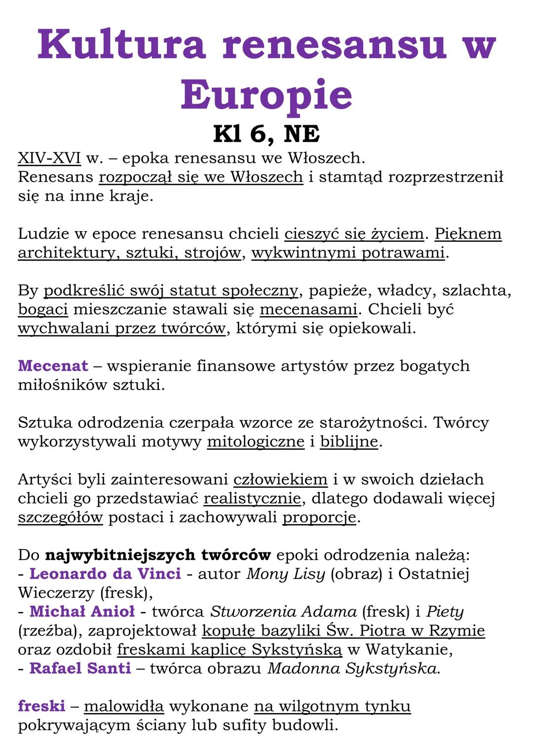 Kultura renesansu w
Europie
Kl 6, NE
XIV-XVI w. - epoka renesansu we Włoszech.
Renesans rozpoczął się we Włoszech i stamtąd rozprzestrzenił
