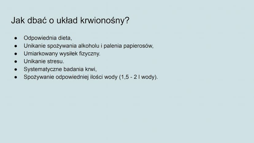 Higiena i choroby układu
krwionośnego Jak dbać o układ krwionośny?
Odpowiednia dieta,
Unikanie spożywania alkoholu i palenia papierosów,
Umi