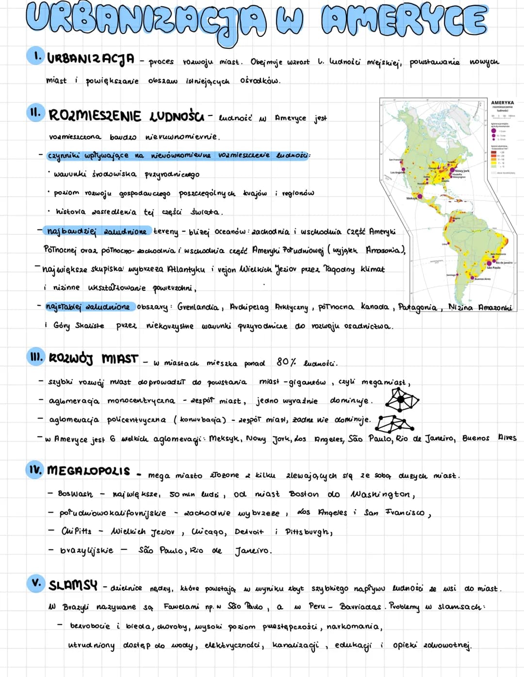 URBANIZACJA W AMERYCE
1. URBANIZACJA - proces rozwoju miast. Obejmuje wavost L. ludności miejskiej, powstawanie nowych
miast i powiększanie 