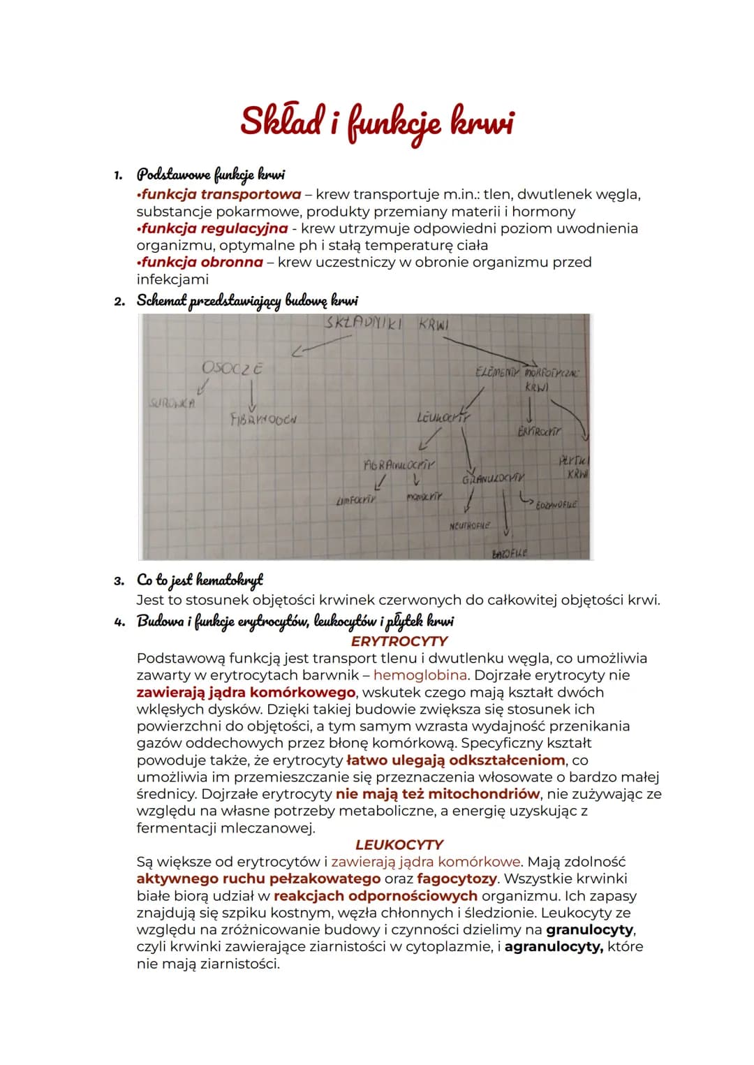 Sklad i funkcje krwi
1. Podstawowe funkcje krwi
.funkcja transportowa - krew transportuje m.in.: tlen, dwutlenek węgla,
substancje pokarmowe