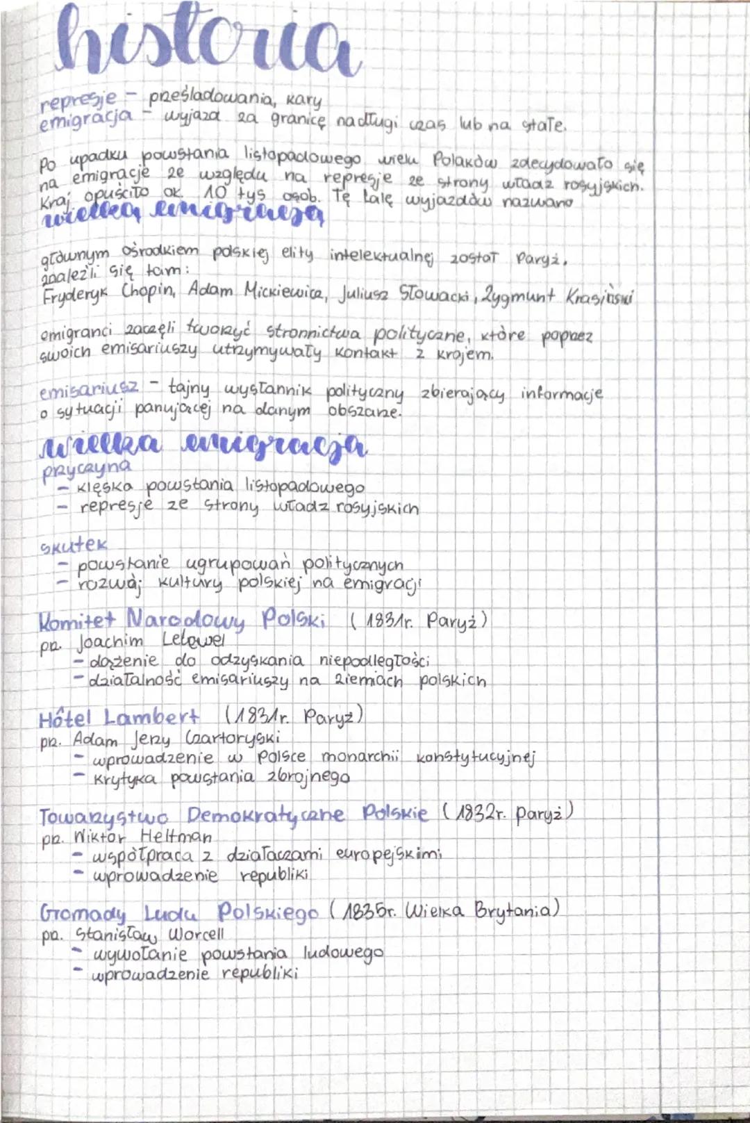 # historia
represje - prześladowania, kary
emigracja - ucieczka za granicę na dłuższy czas lub na stałe.

Po upadku powstania listopadowego 