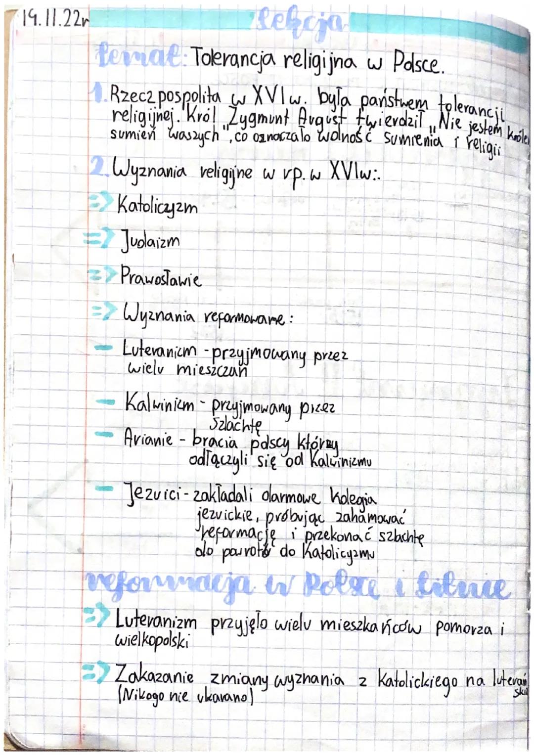 19.11.22r
Lekcja
temal: Tolerancja religijna w Polsce.
Rzeczpospolita w XVI w. była państwem tolerancji
religijnej. Král Zygmunt August fwie