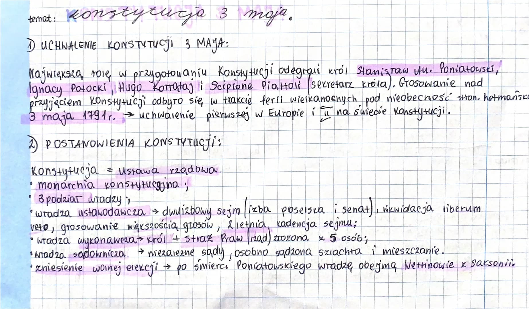 temat: konstytucja 3 moja.
1) UCHWALENIE KONSTYTUCJI 3 MAJA:
Największa rolę w przygotowaniu Konstytucji odegrali krói Stanisław Au. Poniato