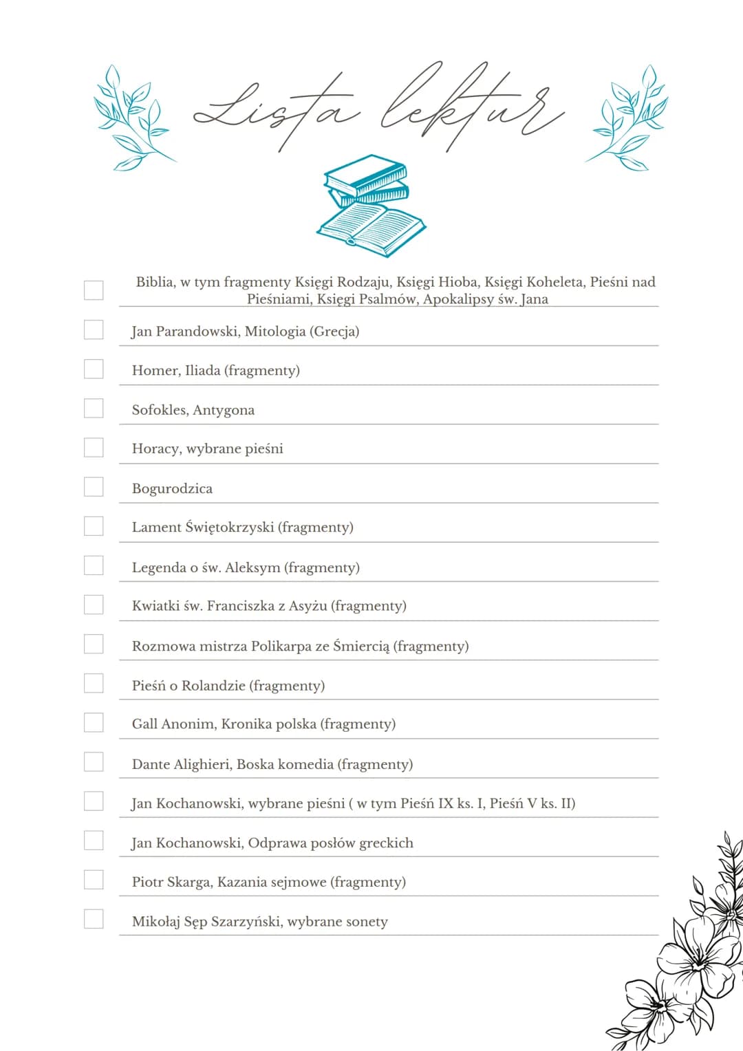 
<h2 id="listalektur">Lista lektur</h2>
<p>Wśród lektur obowiązkowych na maturę z języka polskiego znajdują się takie pozycje jak Biblia (fr