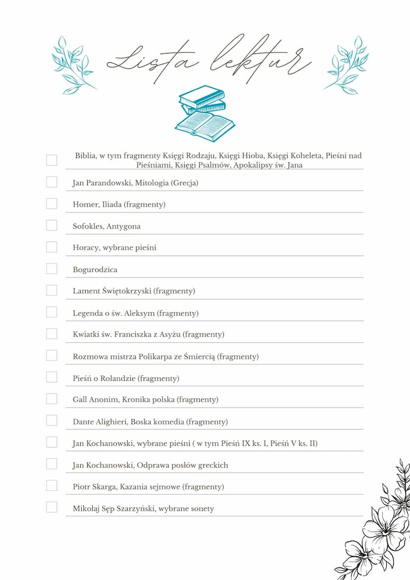 
<h2 id="listalektur">Lista lektur</h2>
<p>Wśród lektur obowiązkowych na maturę z języka polskiego znajdują się takie pozycje jak Biblia (fr