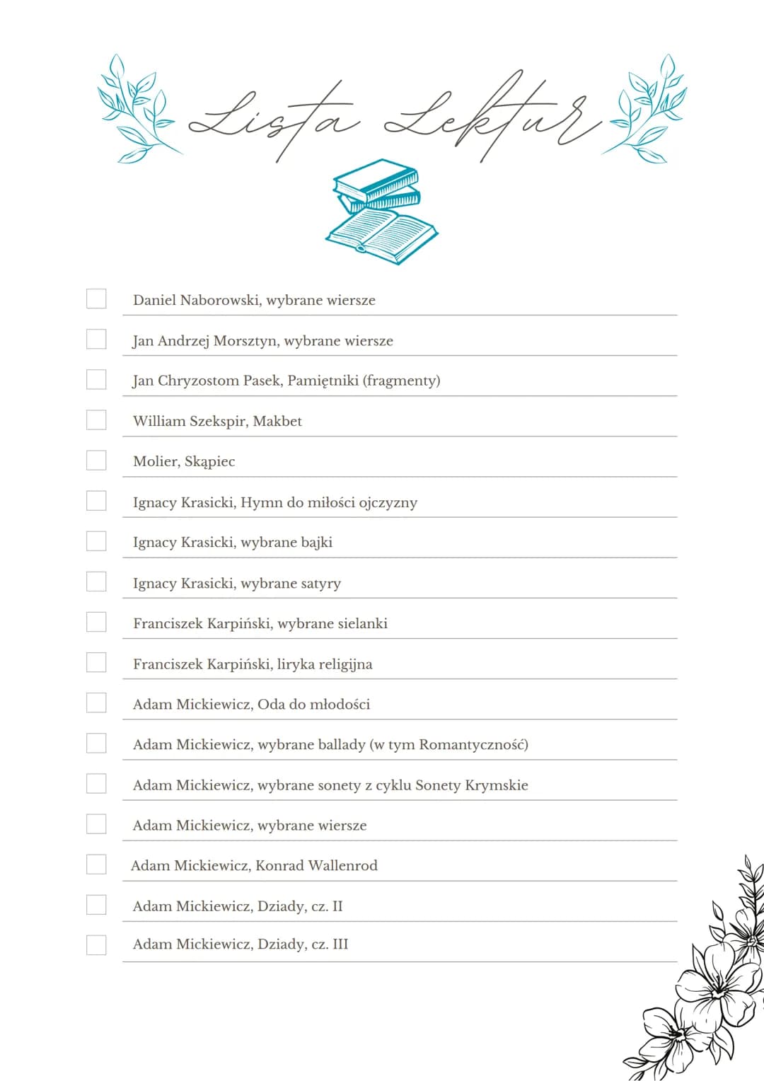 
<h2 id="listalektur">Lista lektur</h2>
<p>Wśród lektur obowiązkowych na maturę z języka polskiego znajdują się takie pozycje jak Biblia (fr