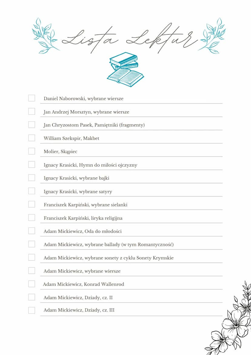 
<h2 id="listalektur">Lista lektur</h2>
<p>Wśród lektur obowiązkowych na maturę z języka polskiego znajdują się takie pozycje jak Biblia (fr