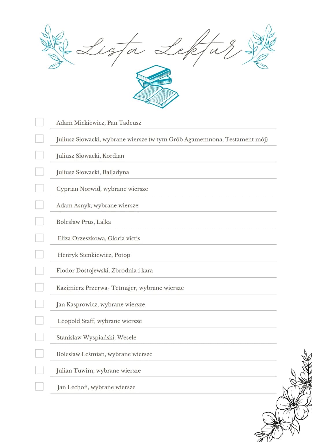 
<h2 id="listalektur">Lista lektur</h2>
<p>Wśród lektur obowiązkowych na maturę z języka polskiego znajdują się takie pozycje jak Biblia (fr