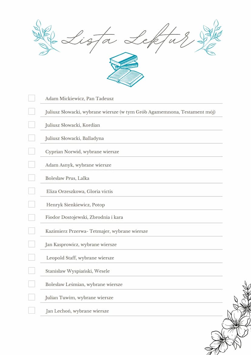 
<h2 id="listalektur">Lista lektur</h2>
<p>Wśród lektur obowiązkowych na maturę z języka polskiego znajdują się takie pozycje jak Biblia (fr