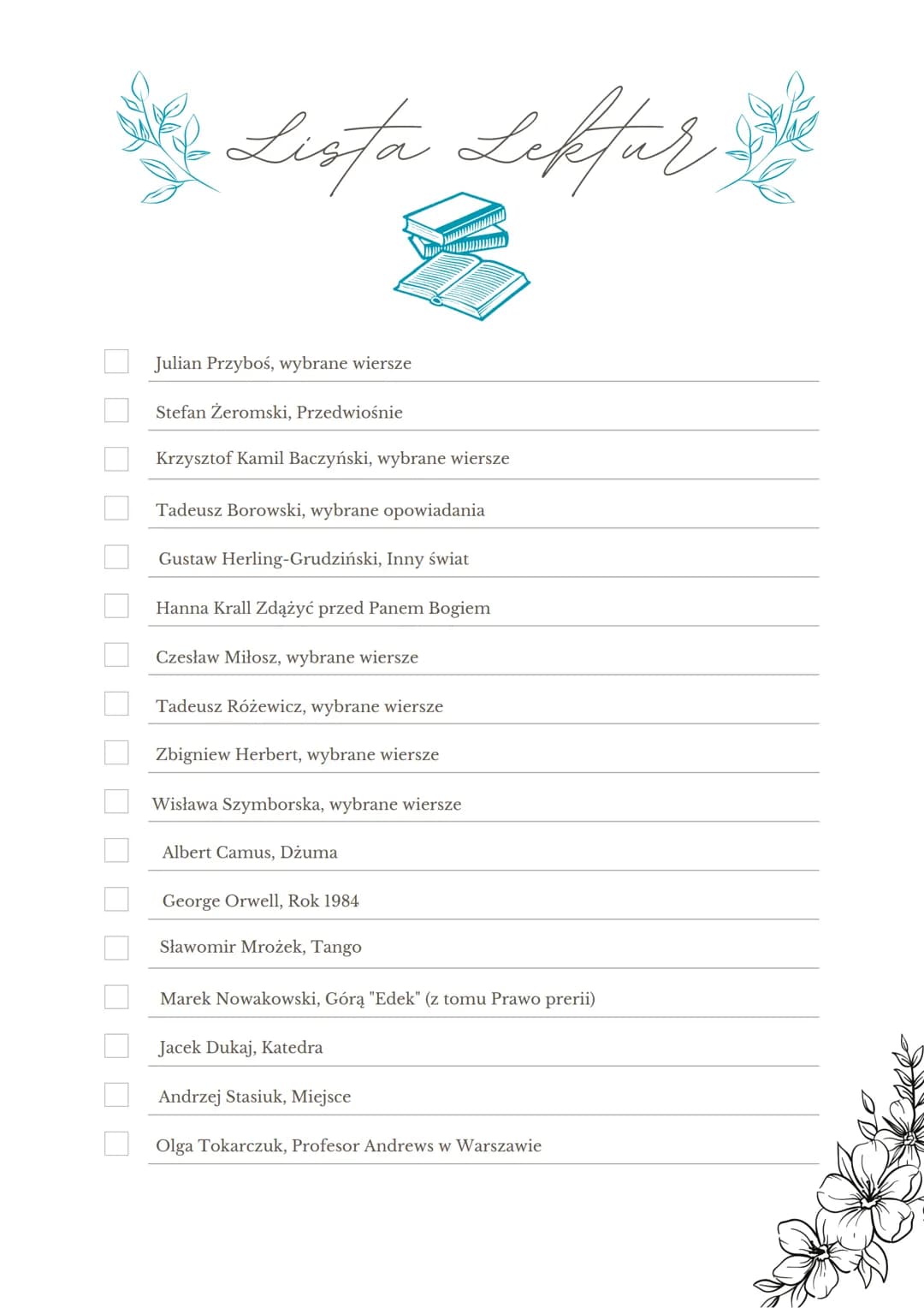 
<h2 id="listalektur">Lista lektur</h2>
<p>Wśród lektur obowiązkowych na maturę z języka polskiego znajdują się takie pozycje jak Biblia (fr