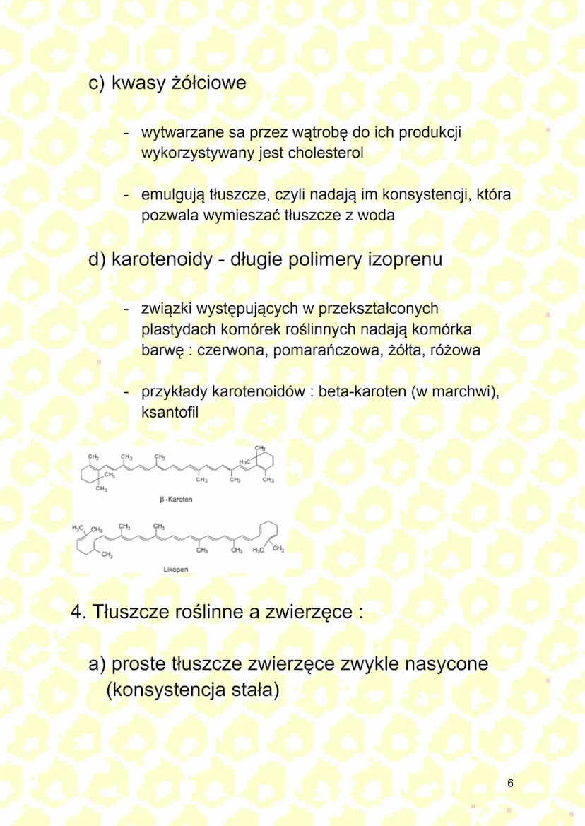 Lipidy
Lipidy (tłuszcze) - związki organiczne zbudowane
głównie z tlenu, węgla i wodoru. Są
nierozpuszczalne w wodzie, a rozpuszczalne w
roz