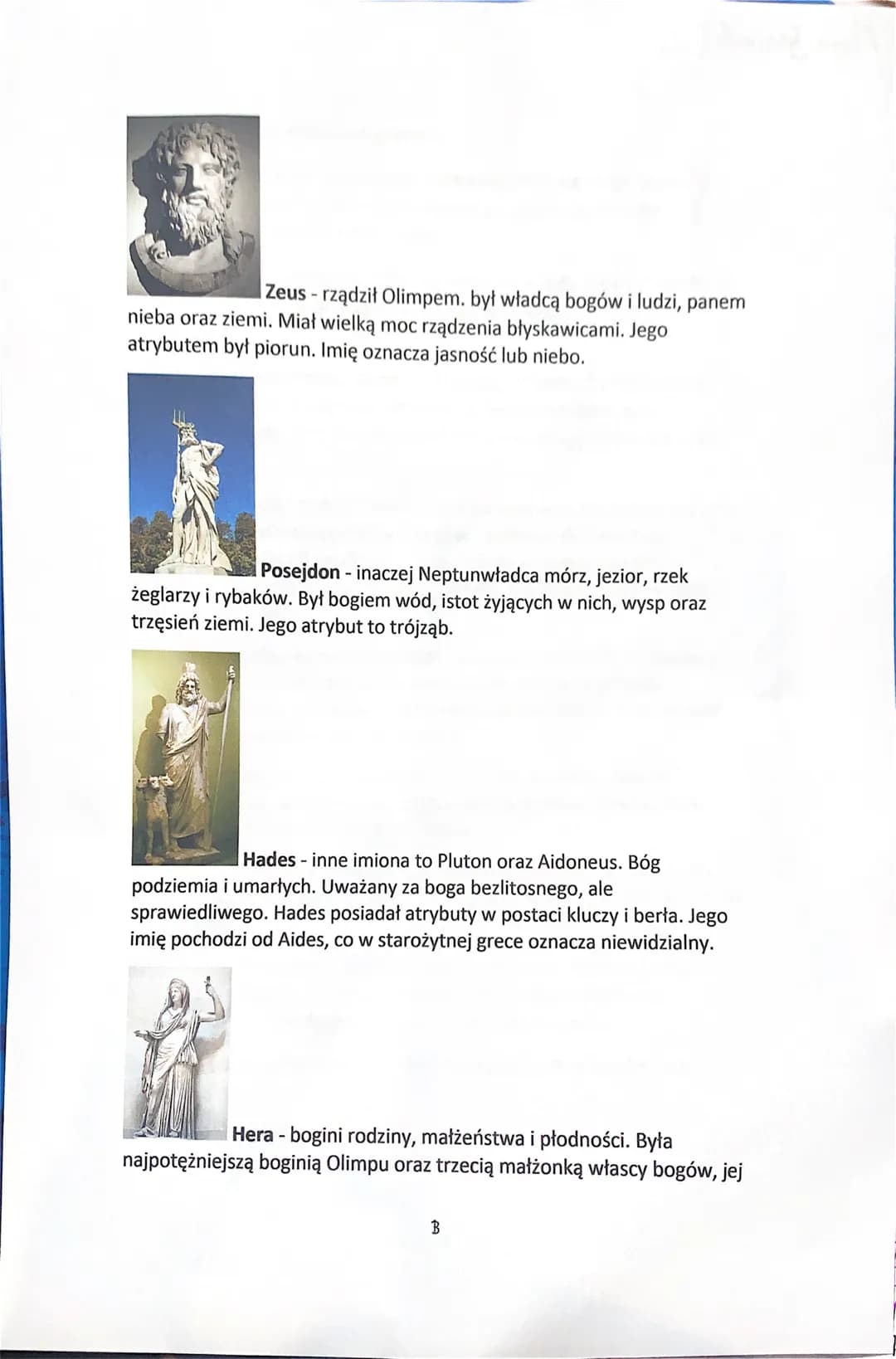 Zeus- rządził Olimpem. był władcą bogów i ludzi, panem
nieba oraz ziemi. Miał wielką moc rządzenia błyskawicami. Jego
atrybutem był piorun. 