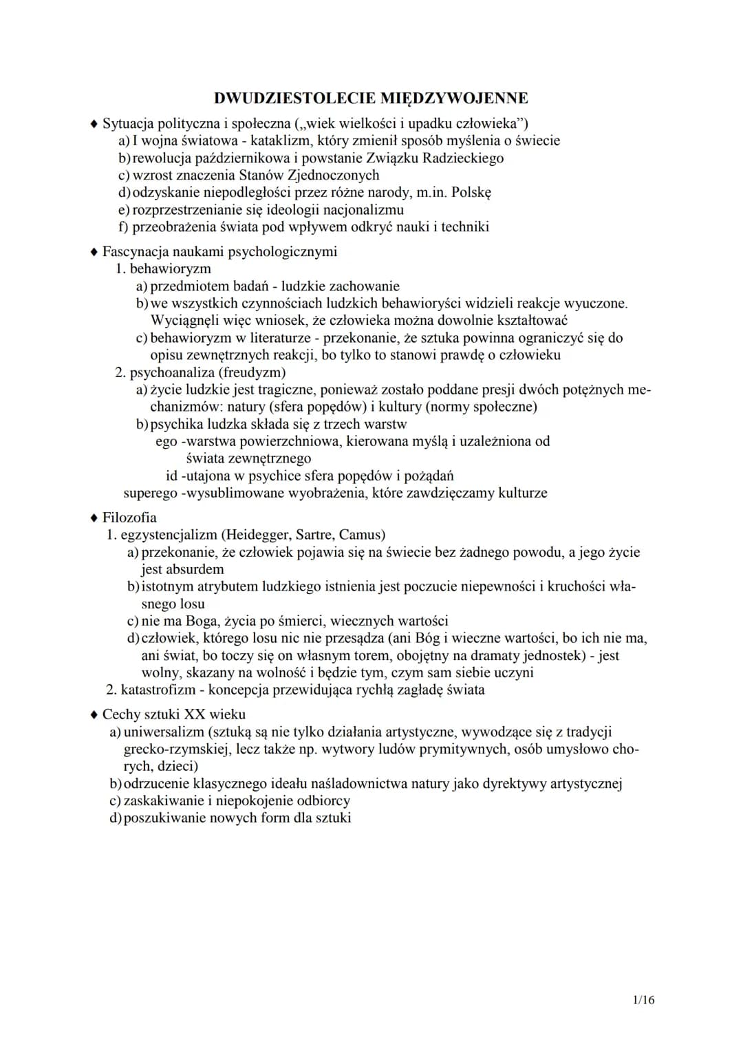 DWUDZIESTOLECIE MIĘDZYWOJENNE
◆ Sytuacja polityczna i społeczna (,,wiek wielkości i upadku człowieka")
a) I wojna światowa - kataklizm, któr