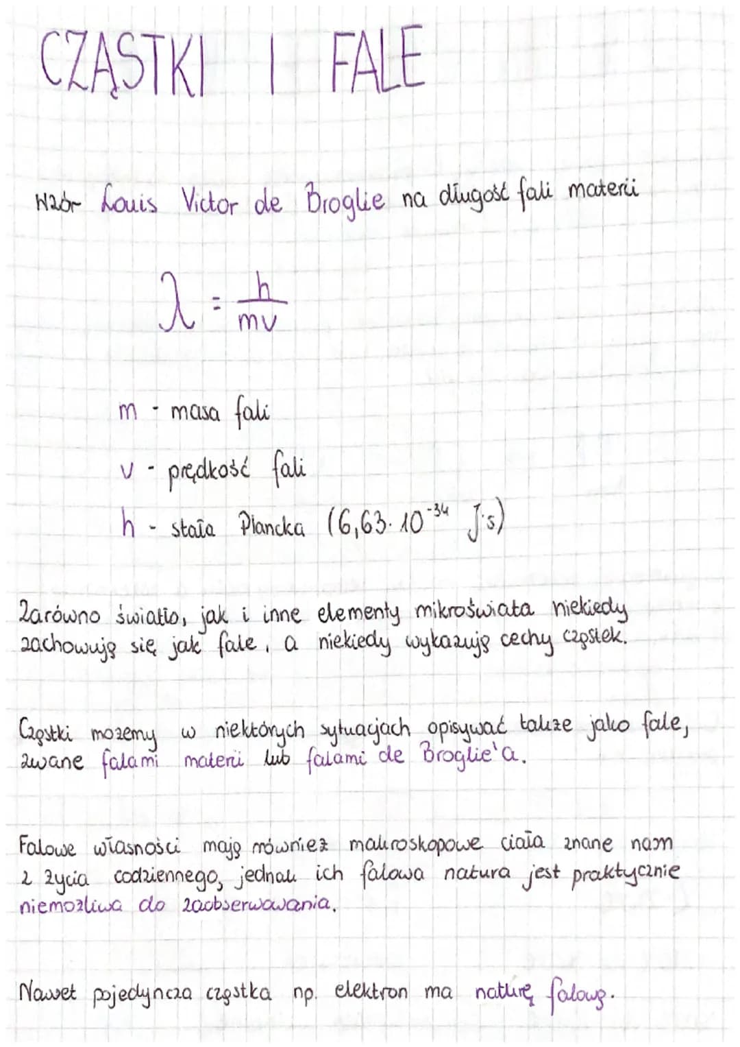 CZĄSTKI I FALE
Haor Louis Victor de Broglie na długość fali materi
λ = h
a
mv
masa fali
V
v- prędkość fali
-34
h - stała Plancka (6,63.10) J