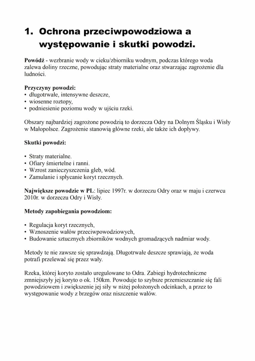 Relacje między
elementami
środowiska
geograficznego 1. Ochrona przeciwpowodziowa a
występowanie i skutki powodzi.
Powódź - wezbranie wody w 