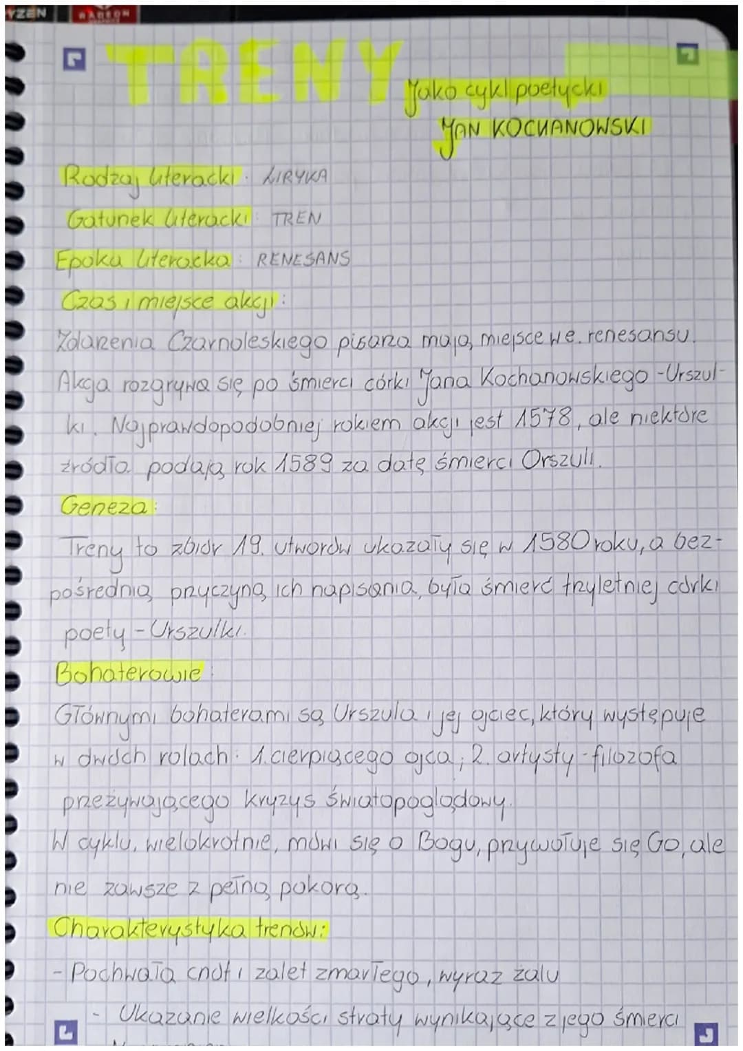 YZEN
RADEON
L
Rodzaj literacki · MIRYKA
Gatunek literack TREN
Epoka literocka RENESANS
Czas i miejsce akcji
Jako cykl poetycki
YAN KOCHANOWS