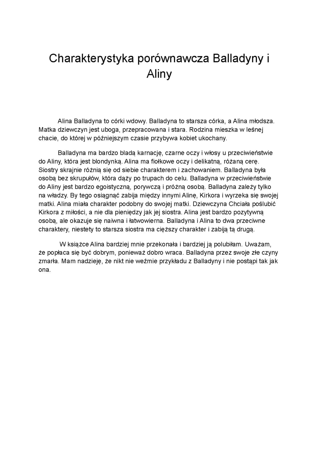 Charakterystyka porównawcza Aliny i Balladyny - Proste Wypracowanie