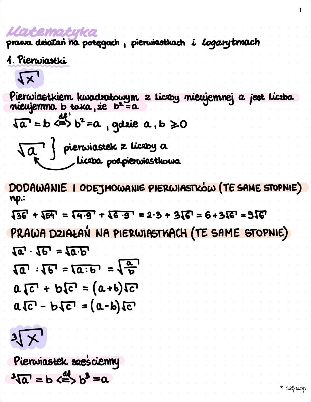 1
Matematyka
prawa
deiałań na potęgach, pierwiastkach i logarytmach
1. Pierwiastki
Х
Pierwiastkiem kwadratowym 2 liczby nieujemnej a jest li