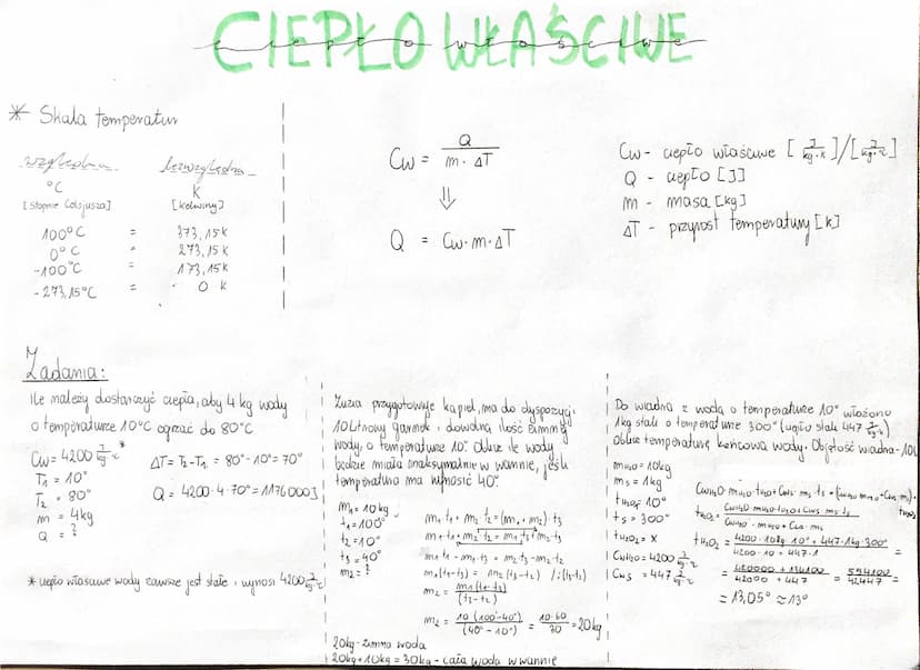 * Skala temperatur
wzgledna.
°℃
[ Stopnie Colsjusza]
100°C
0°C
-100°C
-273,15 °C
=
*
Cw= 4200 ²₁x²
T₁ = 10°
T₂
80°
m = 4kg
?
CIEPŁO WŁAŚCIVE