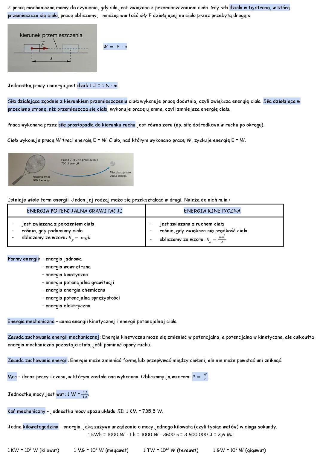 Praca, Moc, Energia: Wzory, Zadania i Sprawdziany dla klasy 7 i 1 liceum