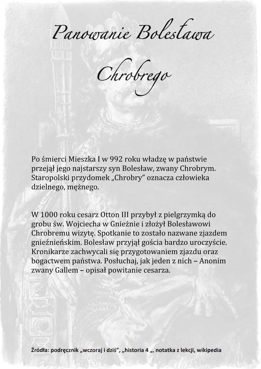 Panowanie Boleslawa
Chrobrego
Po śmierci Mieszka I w 992 roku władzę w państwie
przejął jego najstarszy syn Bolesław, zwany Chrobrym.
Starop