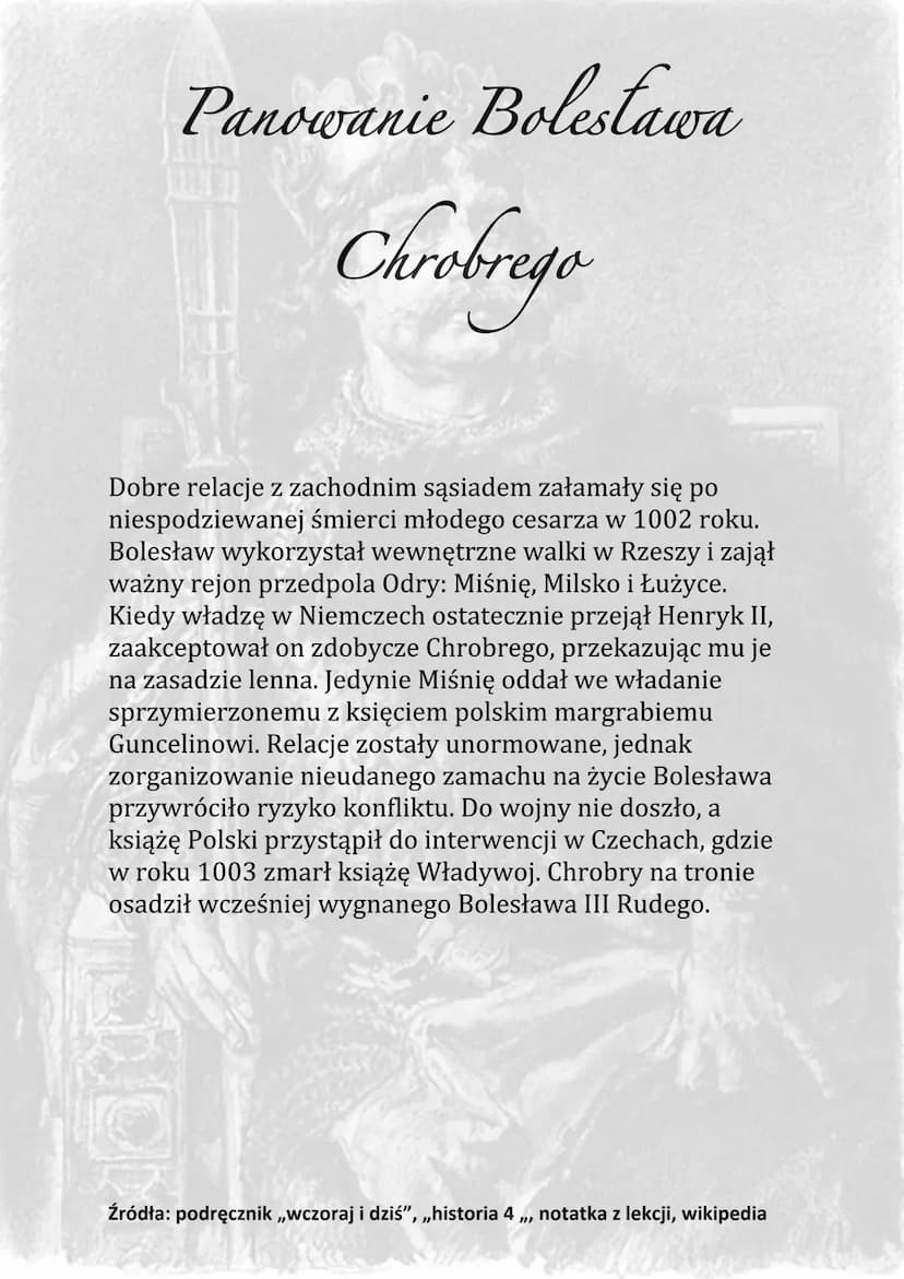 Panowanie Boleslawa
Chrobrego
Po śmierci Mieszka I w 992 roku władzę w państwie
przejął jego najstarszy syn Bolesław, zwany Chrobrym.
Starop