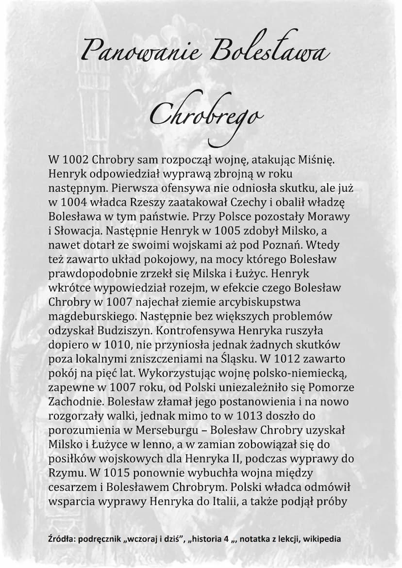 Panowanie Boleslawa
Chrobrego
Po śmierci Mieszka I w 992 roku władzę w państwie
przejął jego najstarszy syn Bolesław, zwany Chrobrym.
Starop