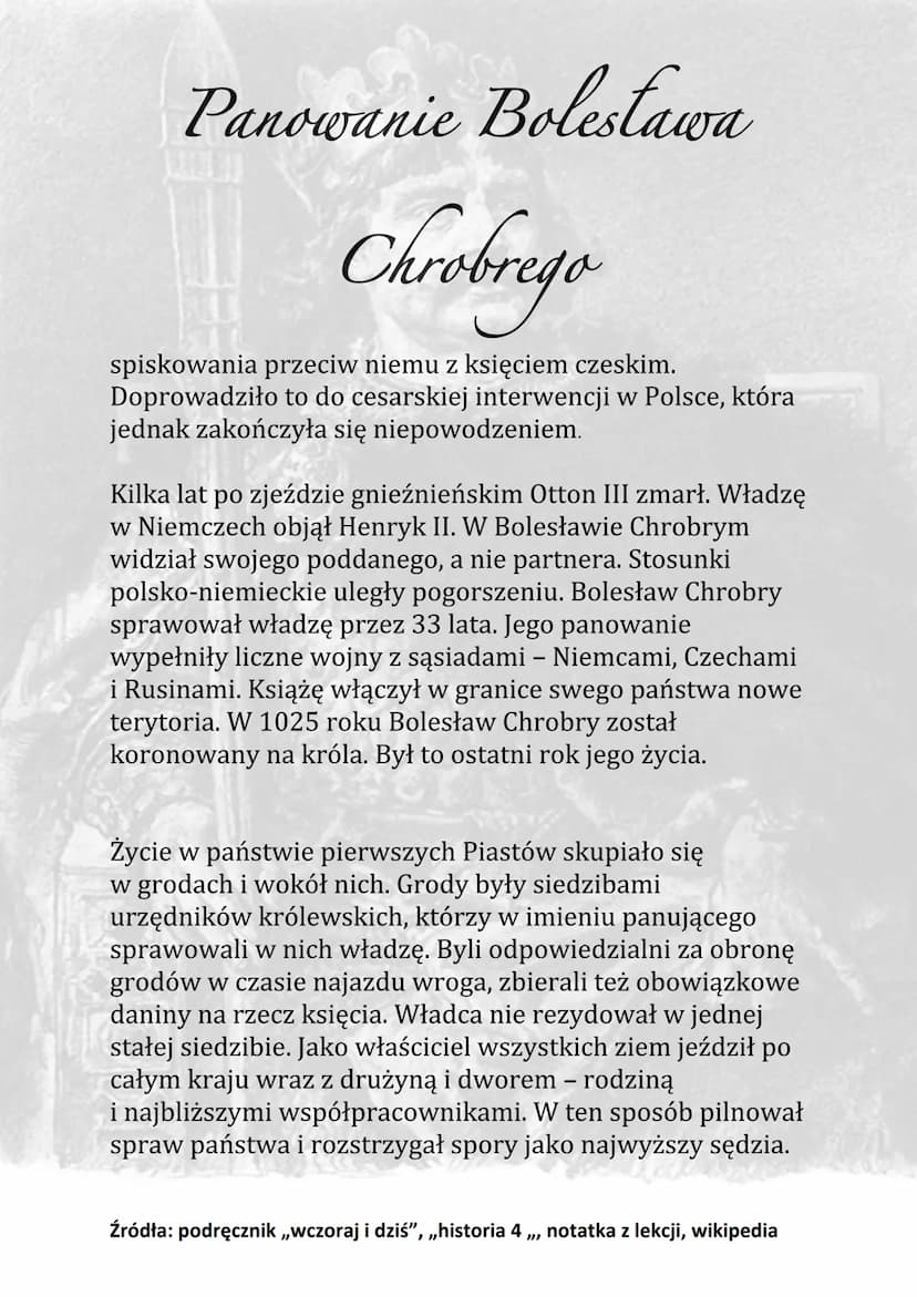 Panowanie Boleslawa
Chrobrego
Po śmierci Mieszka I w 992 roku władzę w państwie
przejął jego najstarszy syn Bolesław, zwany Chrobrym.
Starop