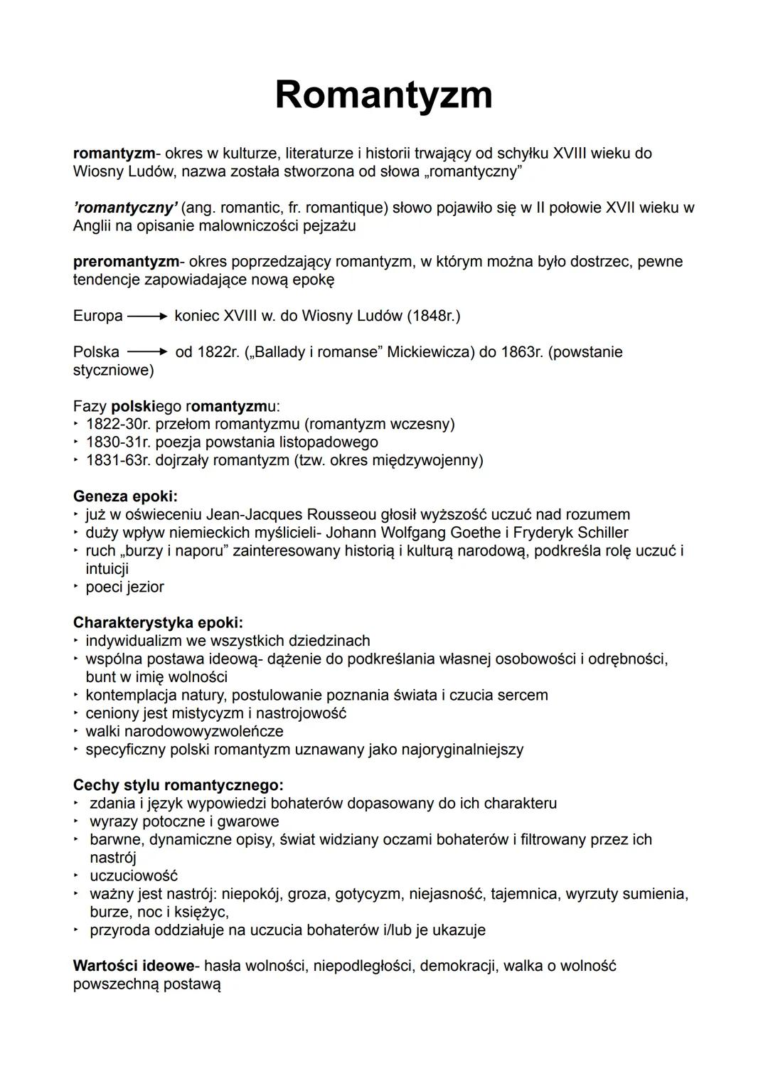 Romantyzm
romantyzm- okres w kulturze, literaturze i historii trwający od schyłku XVIII wieku do
Wiosny Ludów, nazwa została stworzona od sł