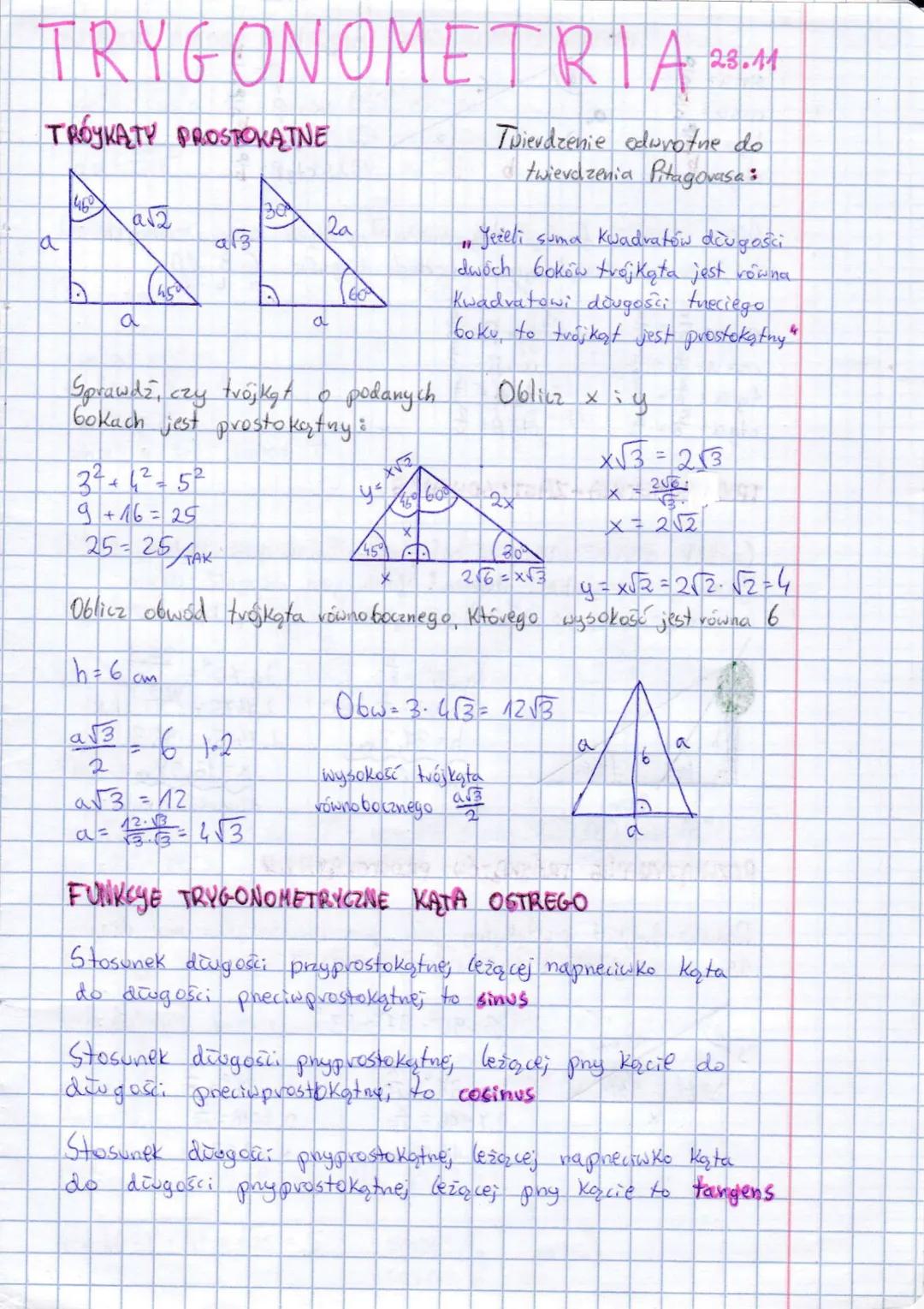 # TRYGONOMETRIA 28.11

## TRÓJKĄTY PROSTOKĄTNE

Twierdzenie odwrotne do
twierdzenia Pitagorasa:

460

a√2

30
a√3
2a
a
a

a

Sprawdź, czy tr