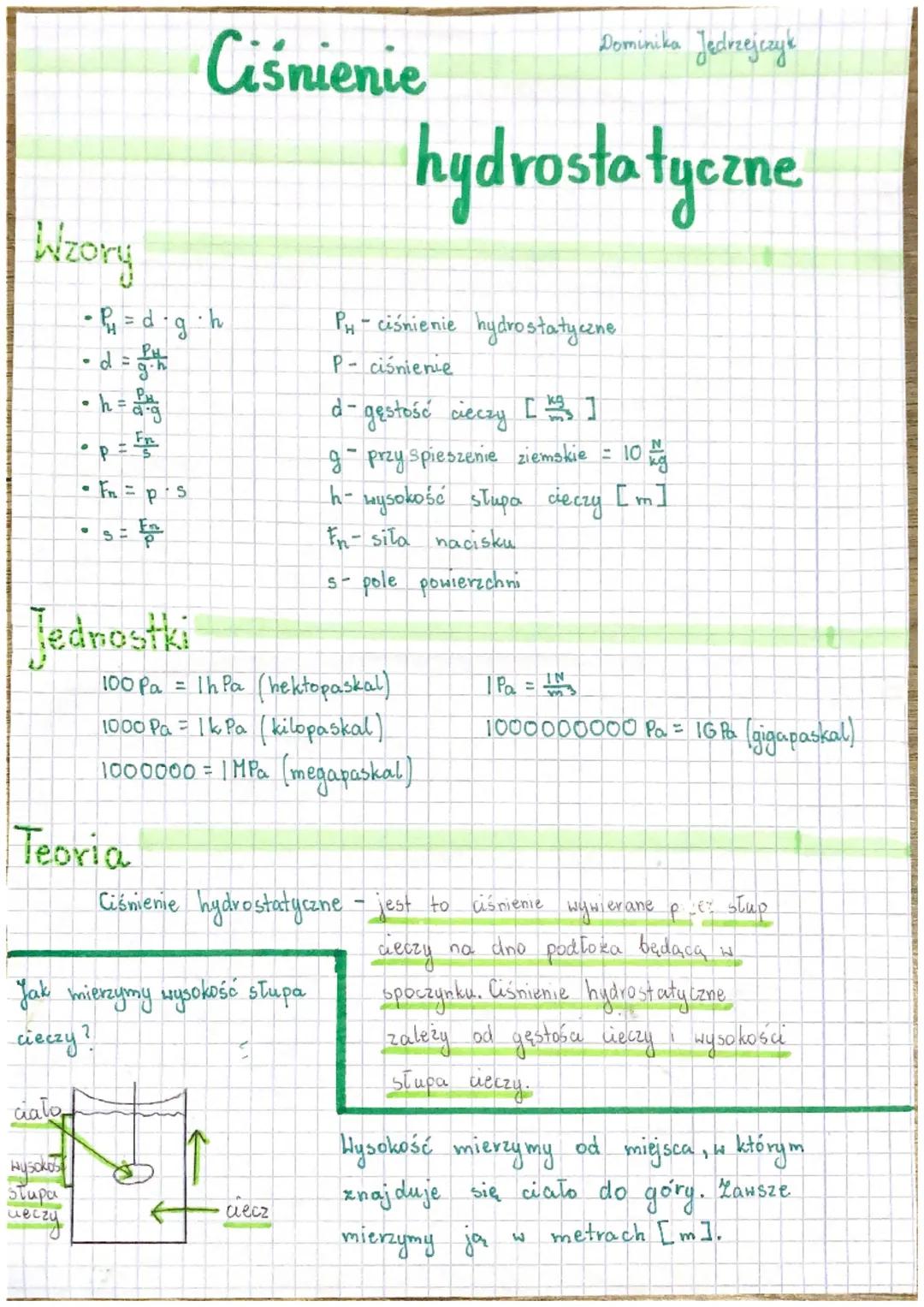 Wzory
• R₁ = d ⋅g • h
- d = th
PH
• h = 2=₁
.
.
stupa
иесчу
- Fr
H
LE
11
SE
En
Jednostki
Teoria
S
Ciśnienie
100 Pa = 1h Pa (hektopaskal)
100