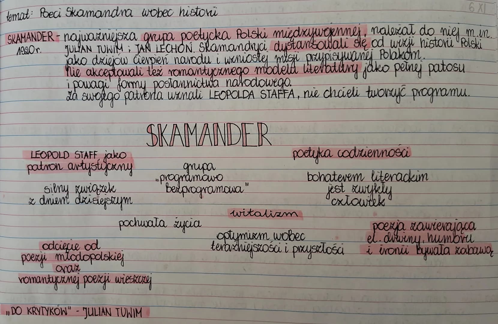 temat: Poeci Skamandra wobec histori.
6X
SKAMANDER - najważniejsza grupa poetycka Polski międzywojennej, należał do niej m.in.
JULIAN TUWIM;